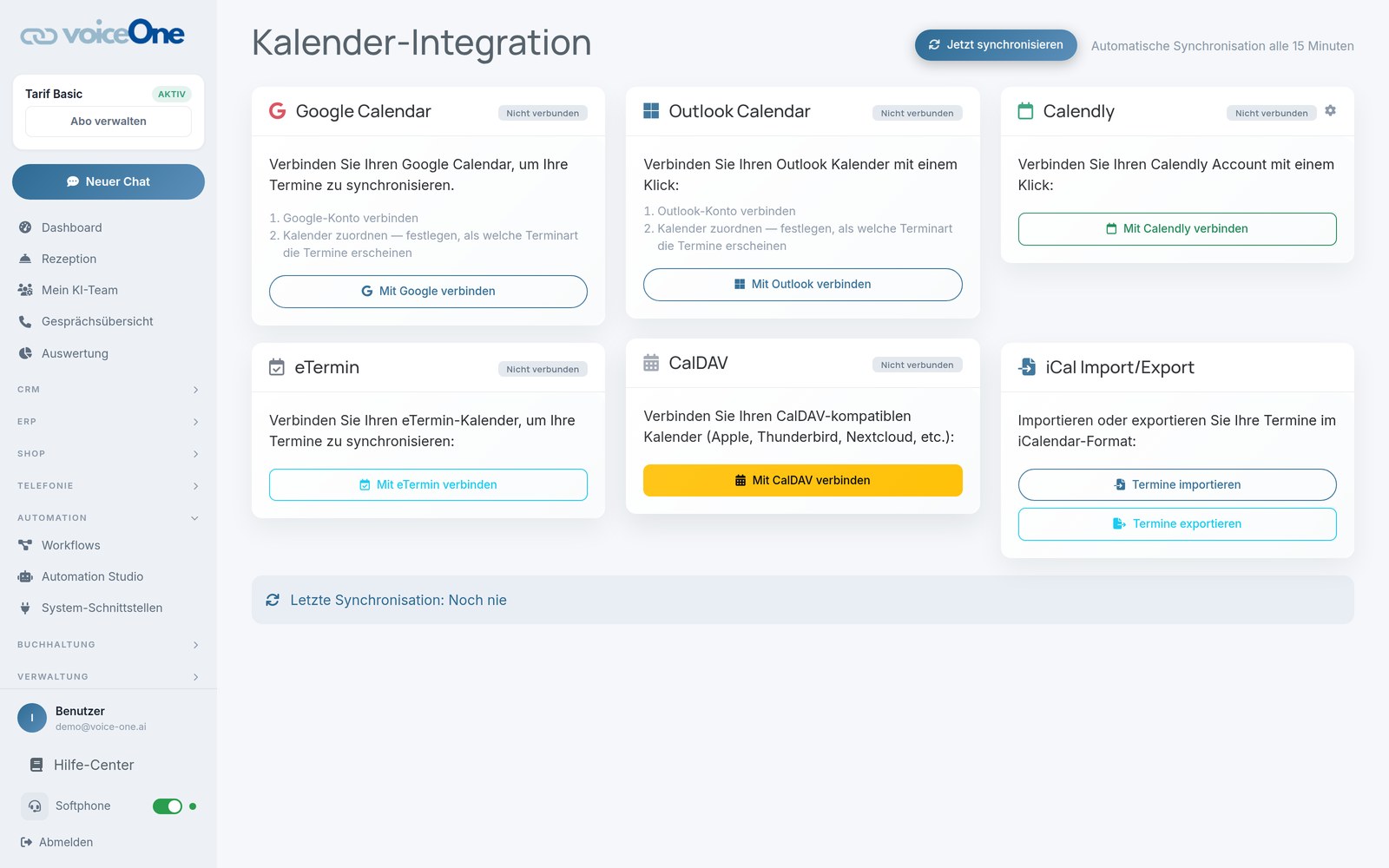 Kalender-Integration in voiceOne: Karten für Google Calendar, Outlook Calendar, Calendly, eTermin, CalDAV und iCal Import/Export