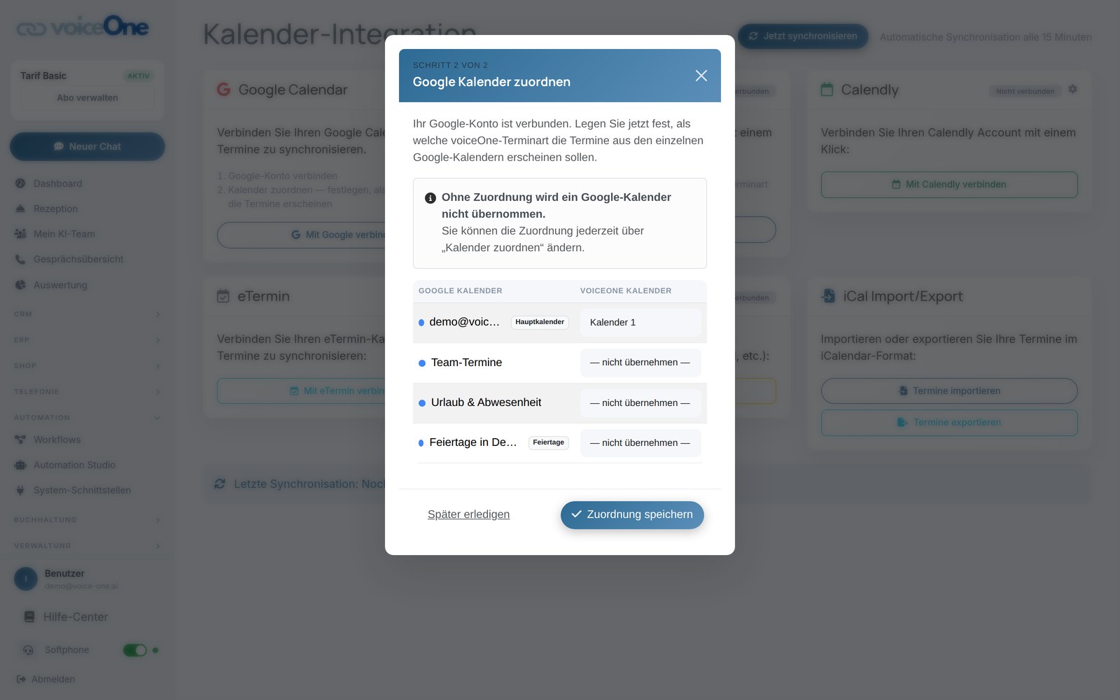 Kalender-Zuordnung in voiceOne