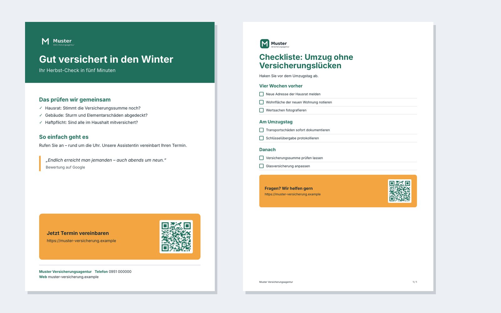Ein Flyer und eine Checkliste im Markendesign der Muster Versicherungsagentur