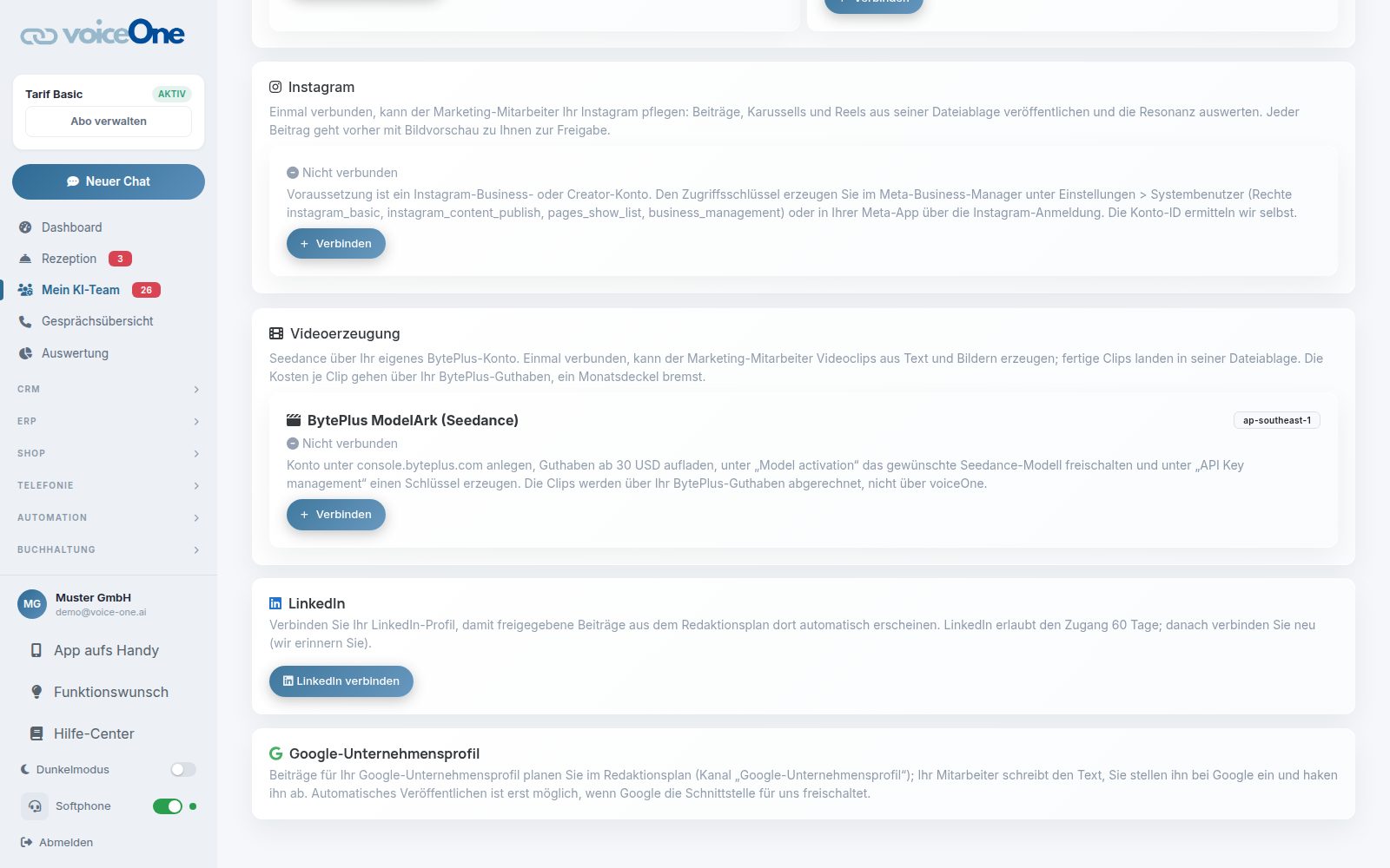 LinkedIn verbinden und Google-Unternehmensprofil im Reiter Marketing