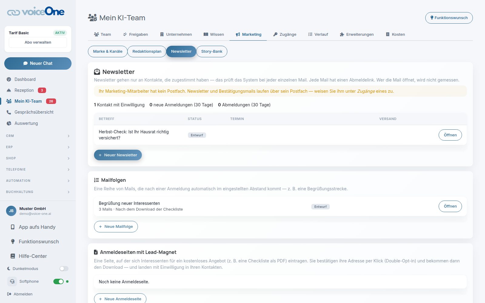 Newsletter im KI-Team mit Kennzahlen, Newsletter-Entwurf, Mailfolge und Anmeldeseiten