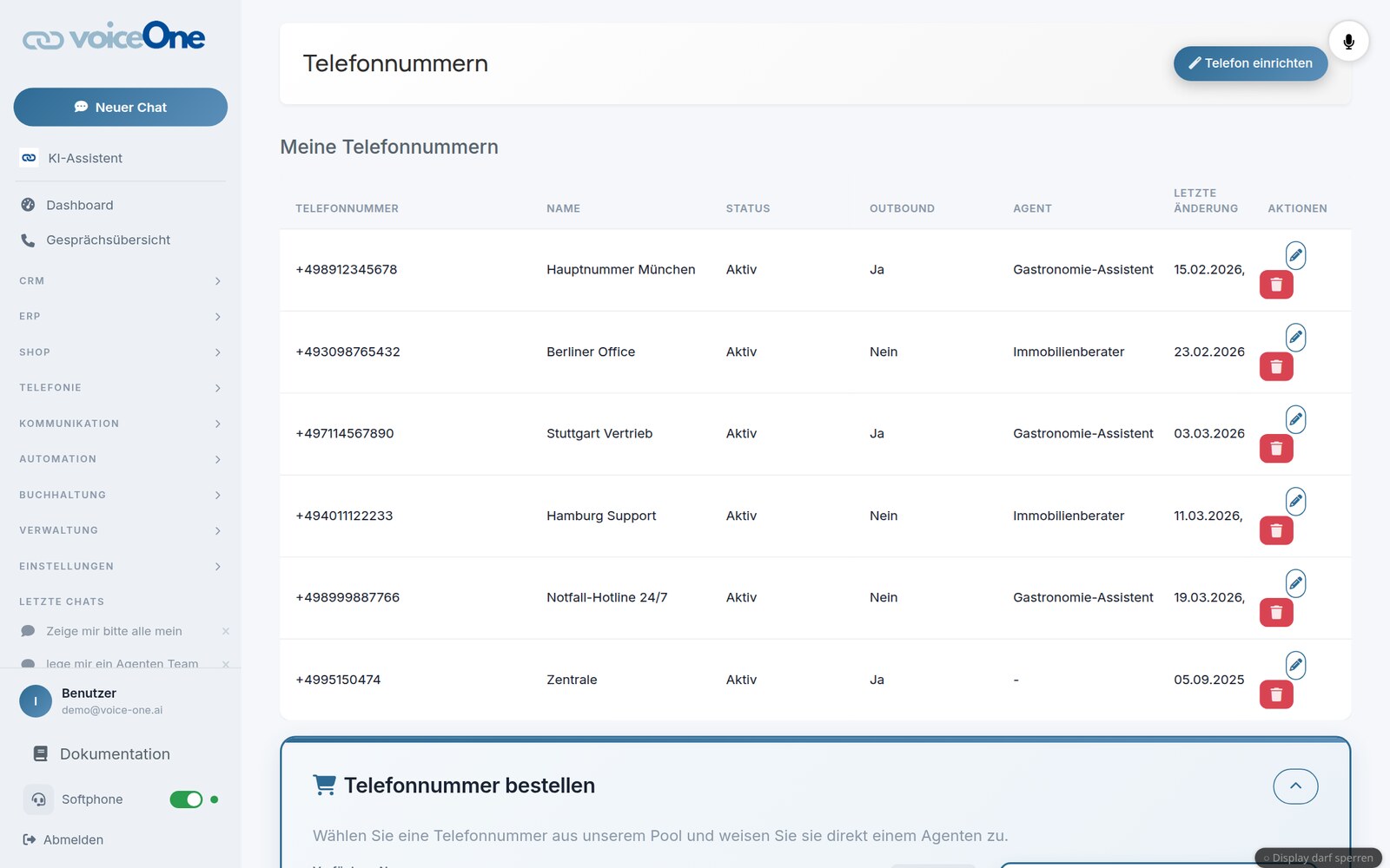 Telefonnummern-Verwaltung in voiceOne
