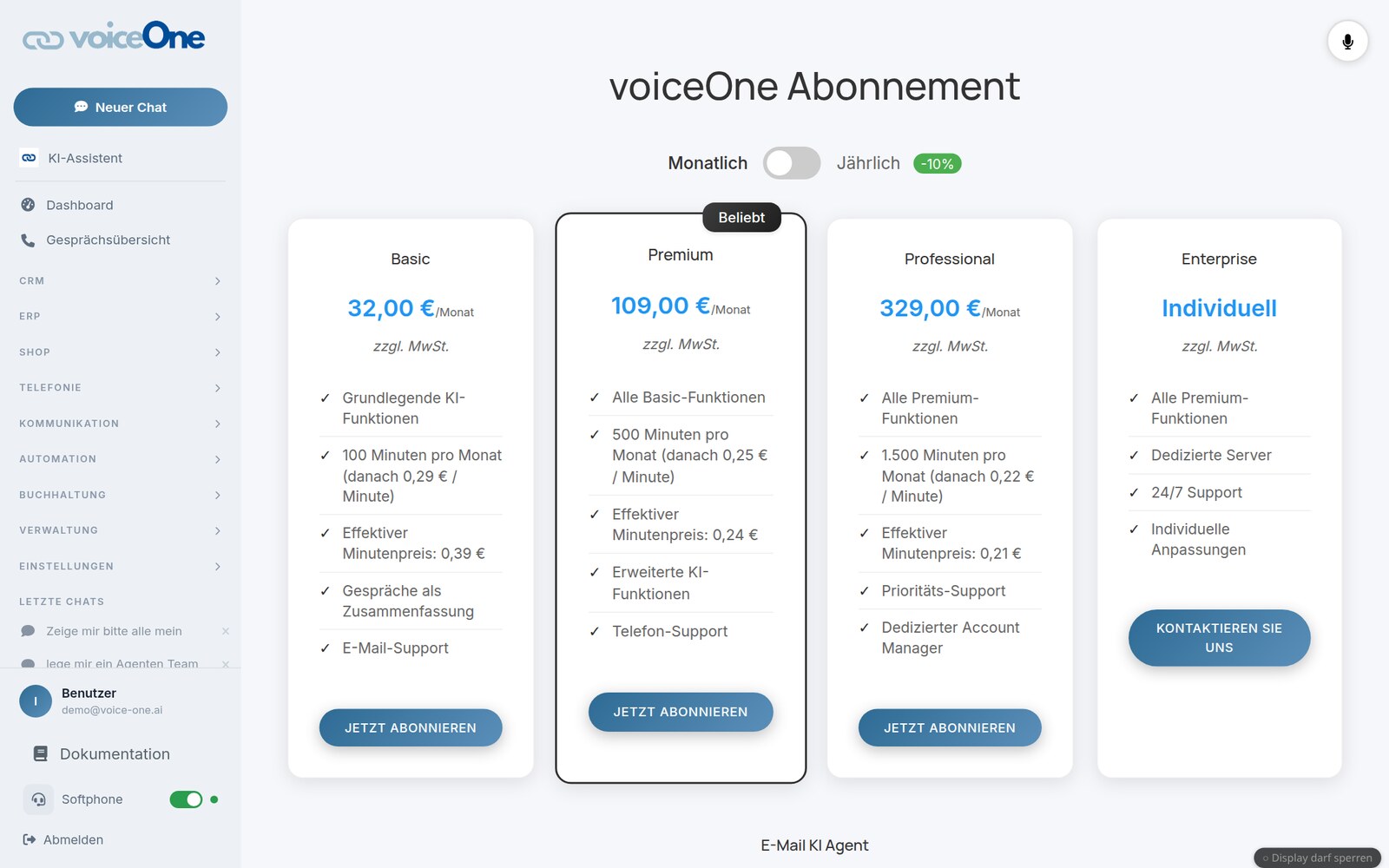 voiceOne Tarife und Abonnement-Verwaltung