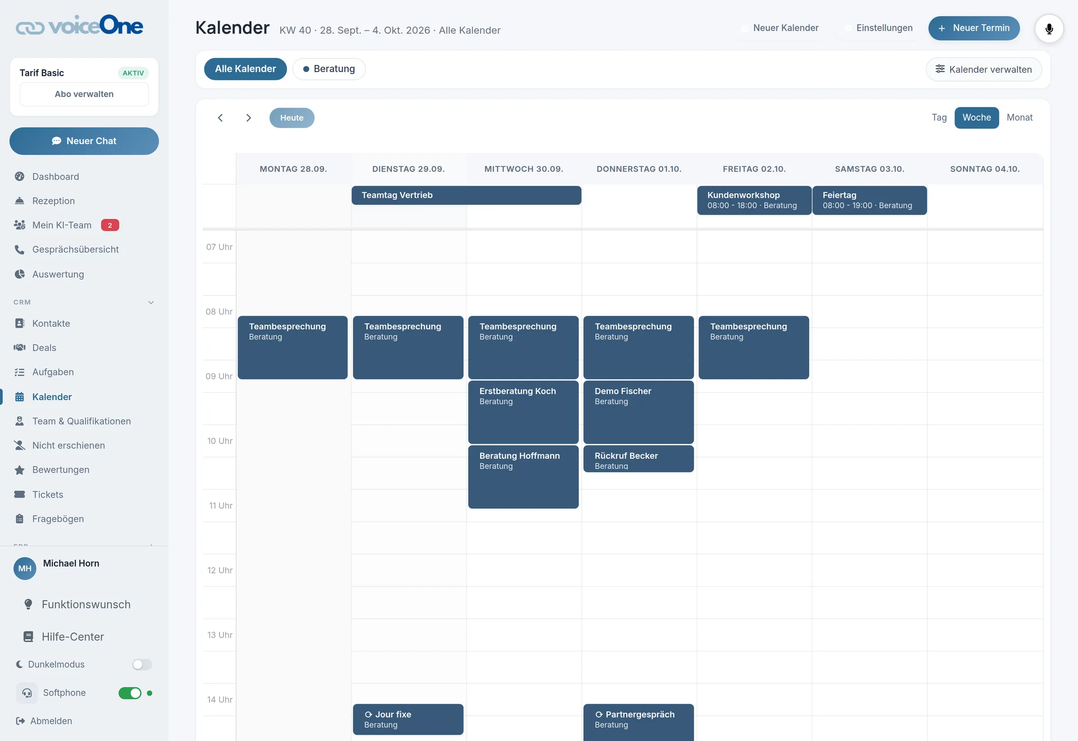 Kalender in voiceOne, Wochenansicht