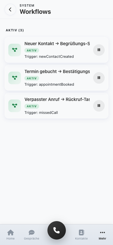 Drei aktive Workflows: Neuer Kontakt, Termin gebucht, Verpasster Anruf